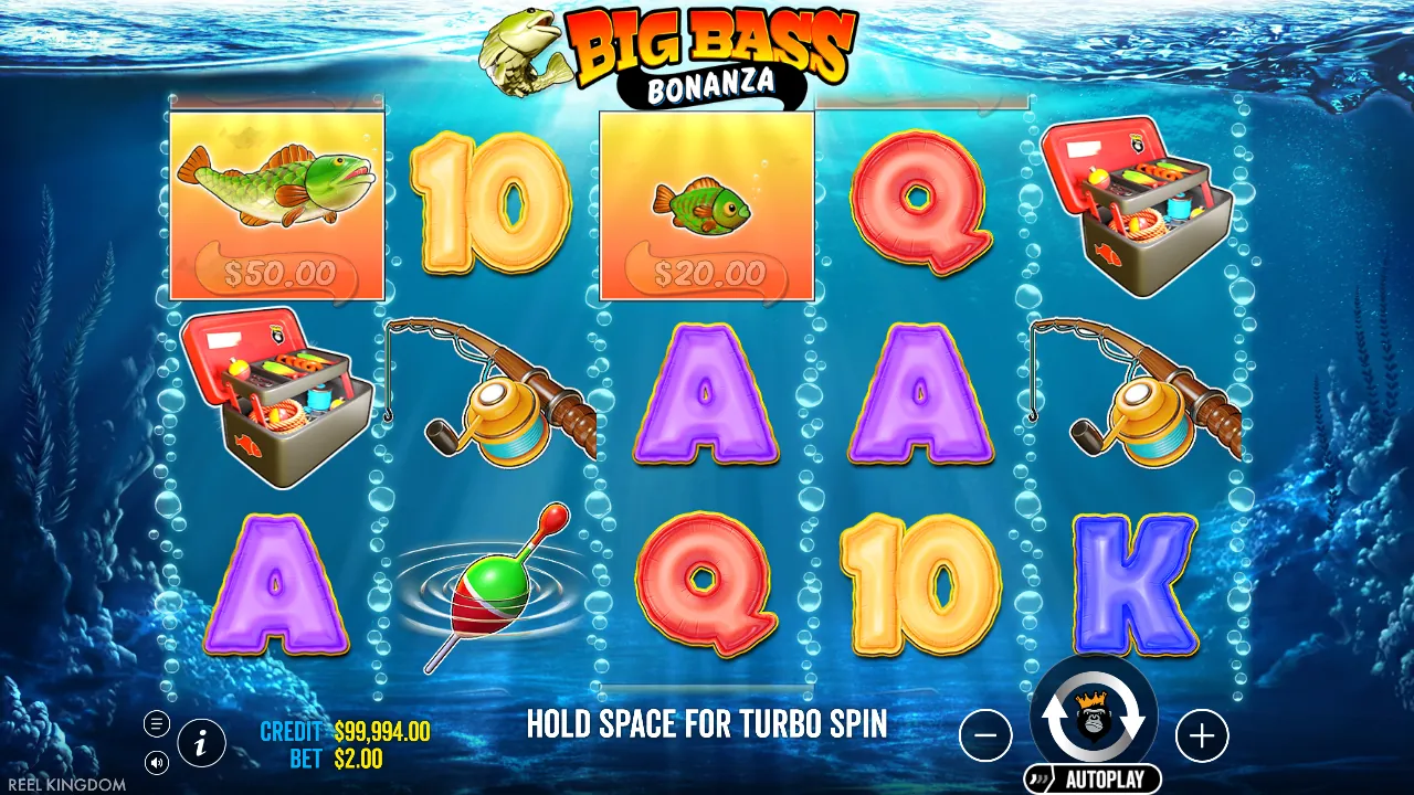 Big Bass Bonanza-demo bij € 2 inzet met twee geldvissen van 25x en 10x de inzet, screenshot van 23 oktober 2026