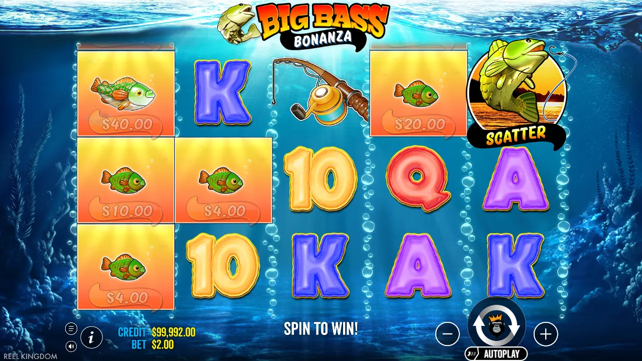 Big Bass Bonanza-demo met vijf geldvissen en één scatter op de rollen, screenshot van 23 oktober 2026