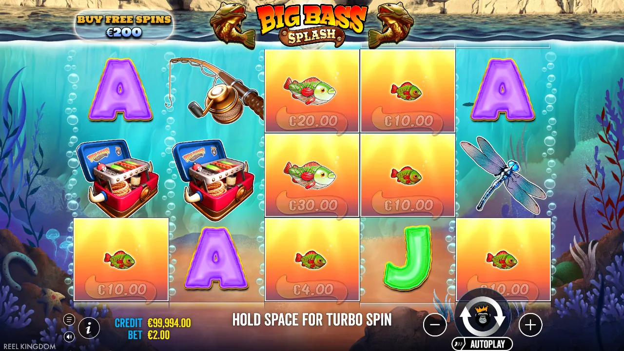 Big Bass Splash demo: rollen met geldvissen van € 4 tot € 30 na een spin, screenshot van 23 oktober 2026