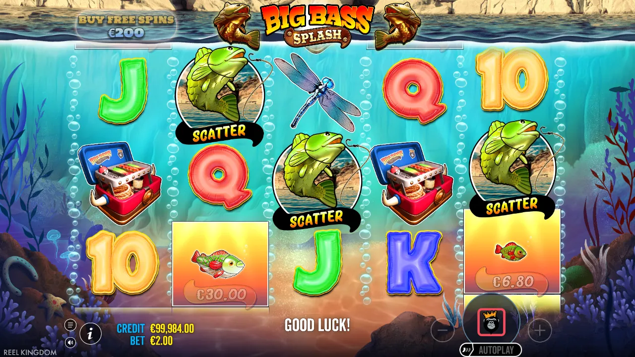 Big Bass Splash demo: drie scatters op rol 2, 3 en 5, screenshot van 23 oktober 2026