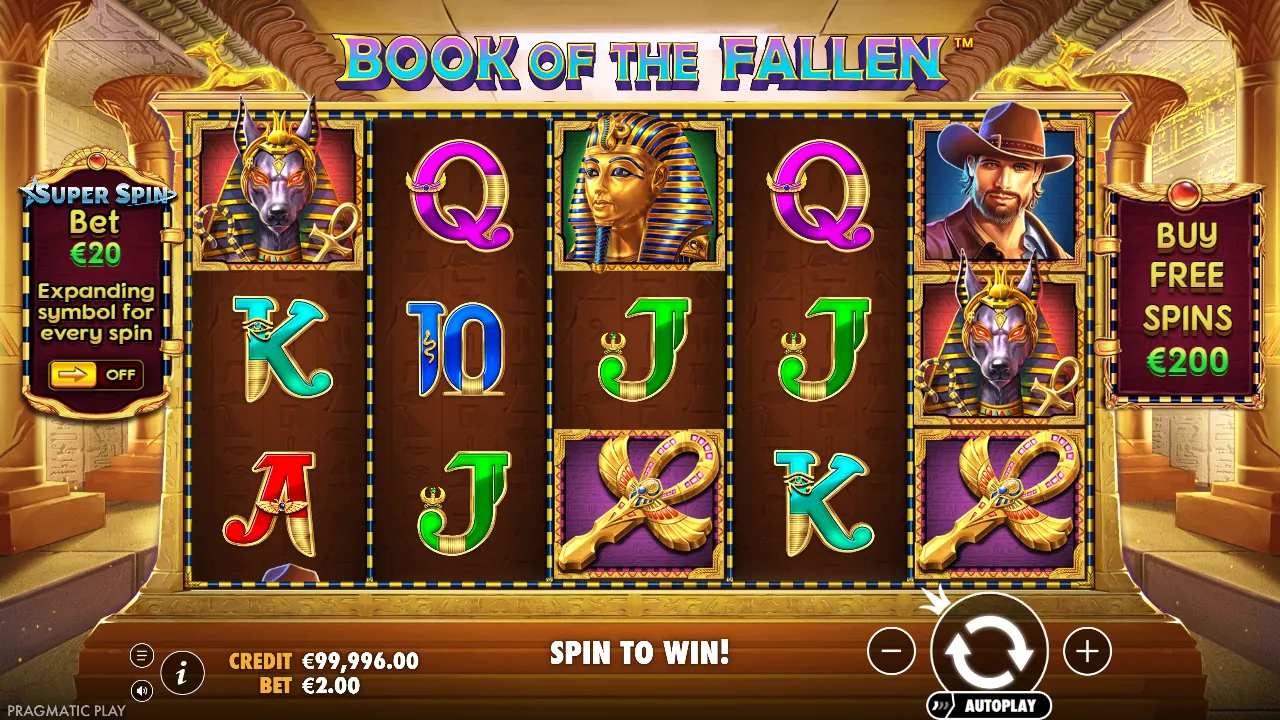 Book of the Fallen demo: vijf rollen met Egyptische symbolen, Super Spin en koopknop, screenshot van 23 oktober 2026