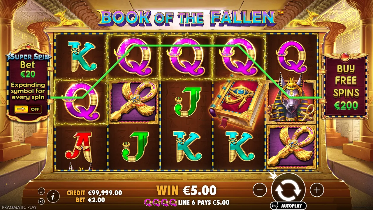 Book of the Fallen demo: winlijn 6 met vier Q-symbolen, winst € 5,00, screenshot van 23 oktober 2026