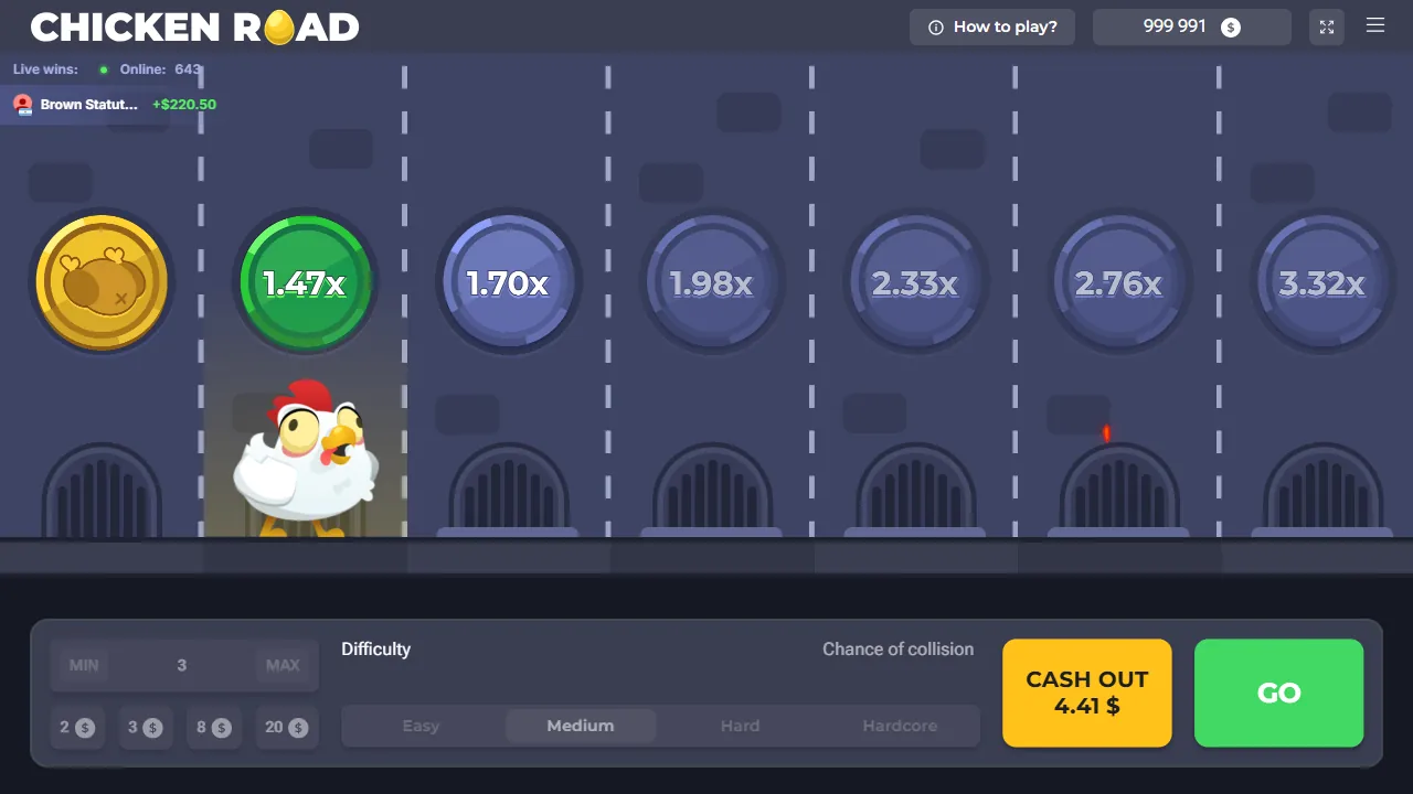 Chicken Road-demo op Medium: de kip staat op 1,47x en Cash out toont 4,41 dollar, screenshot van 23 oktober 2026