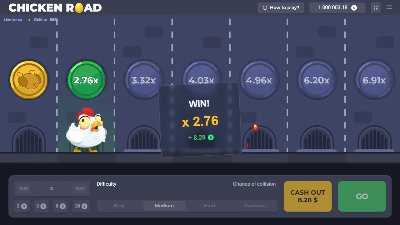 Chicken Road-demo: uitbetaling op 2,76x met 8,28 dollar winst, screenshot van 23 oktober 2026