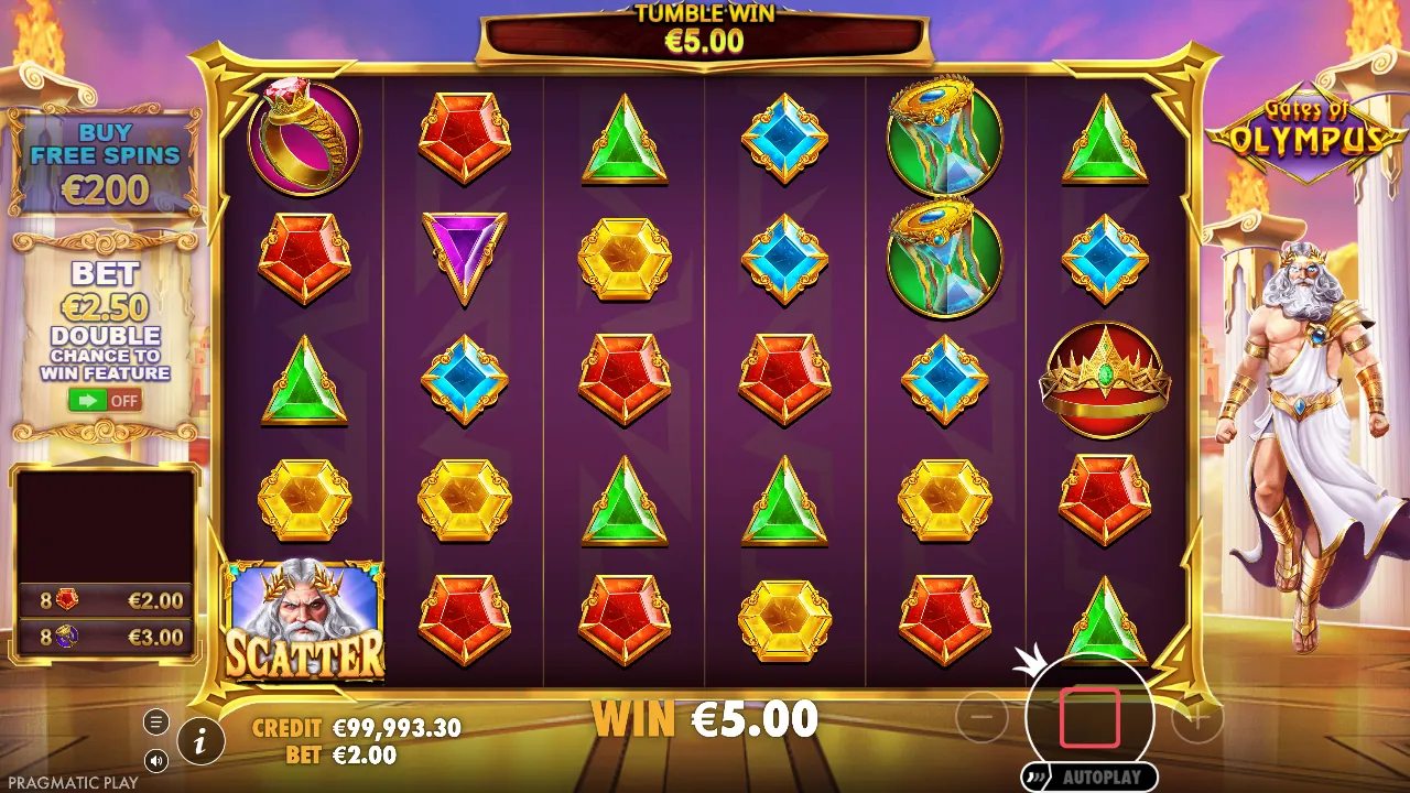 Gates of Olympus-demo bij € 2 inzet met de koopknop van € 200 en de Ante Bet van € 2,50, screenshot van 23 oktober 2026