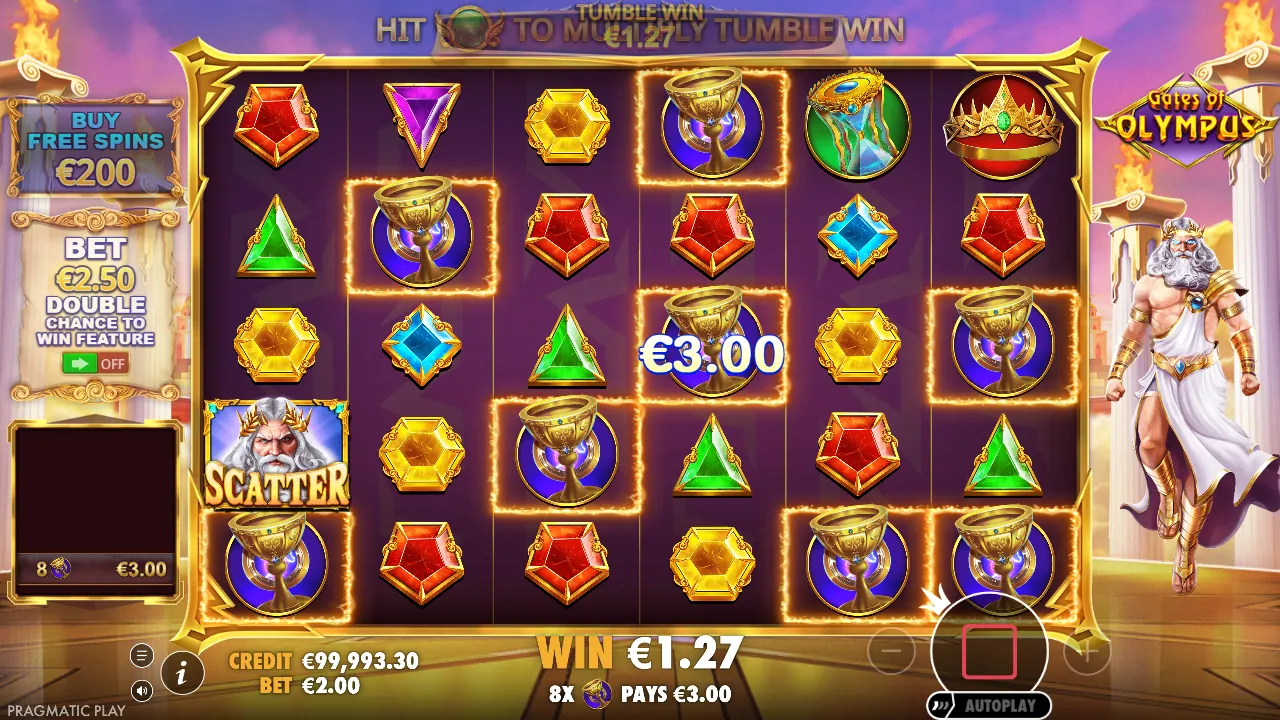 Gates of Olympus-demo: acht kelken lichten op en betalen € 3,00 bij € 2 inzet, screenshot van 23 oktober 2026