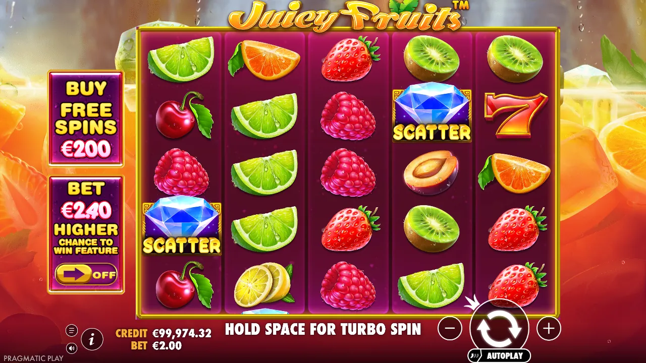 Juicy Fruits demo: rollen met fruit, twee scatters en de ante-schakelaar, screenshot van 23 oktober 2026