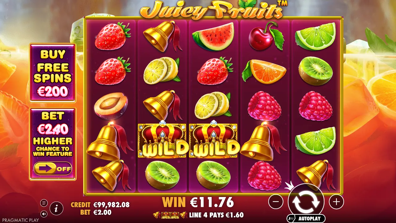 Juicy Fruits demo: twee wilds op een winlijn, totale winst € 11,76, screenshot van 23 oktober 2026