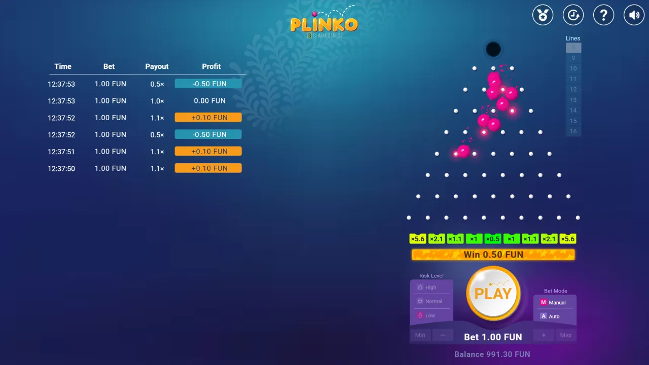 Plinko demo: zes ballen vallen door een bord met 8 rijen op laag risico, screenshot van 23 oktober 2026