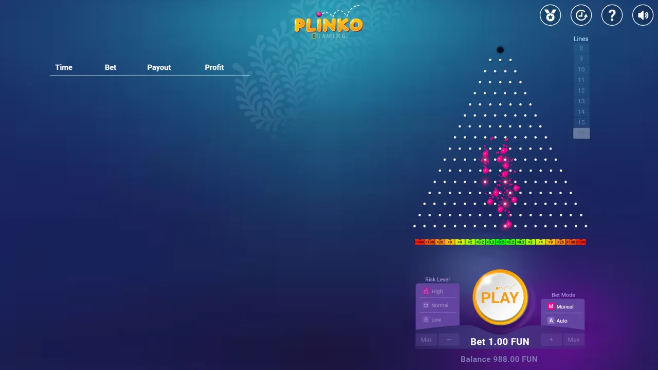Plinko-demo met 16 rijen op hoog risico en vakjes van 0,2x tot 1.000x, screenshot van 23 oktober 2026