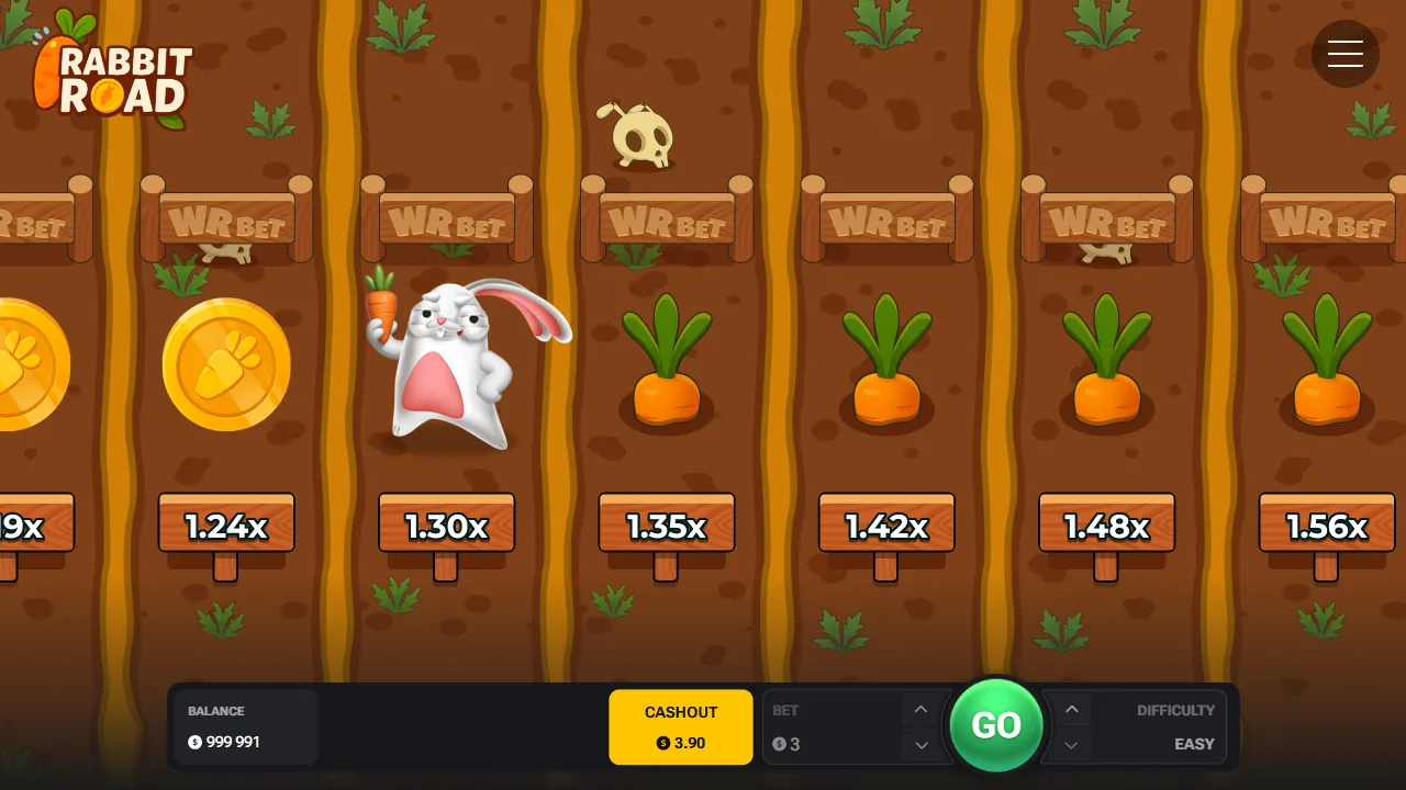 Rabbit Road demo op Easy: het konijn staat op het tuinbed van 1,30x, screenshot van 23 oktober 2026