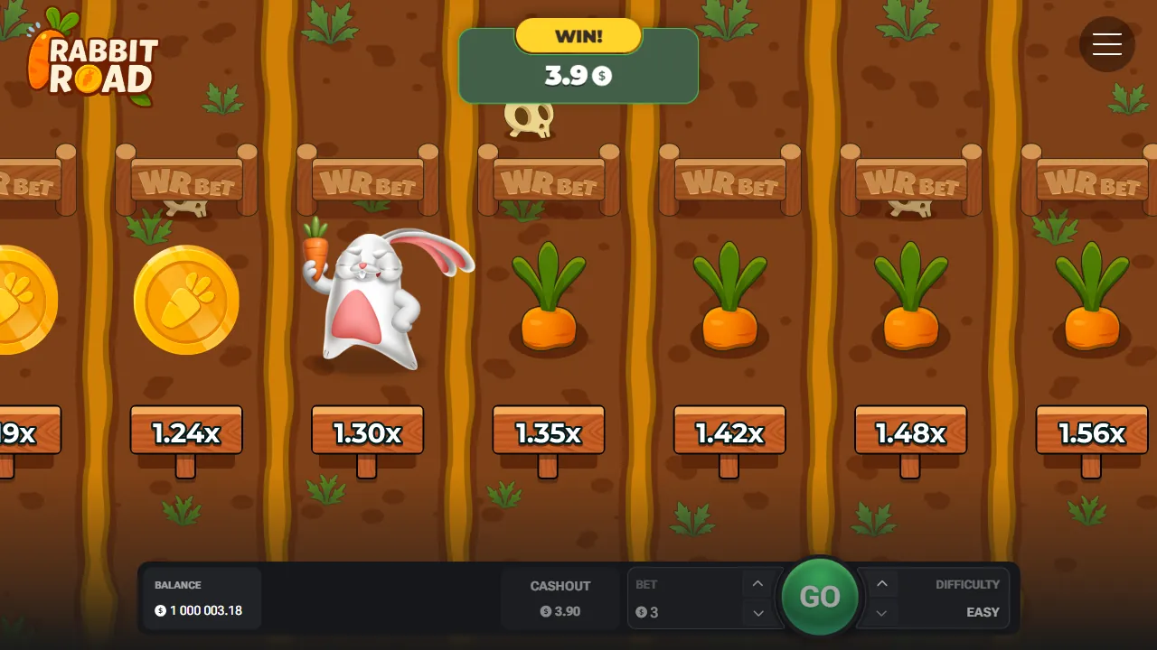 Rabbit Road demo: winst van 3,90 dollar na de cash-out, screenshot van 23 oktober 2026