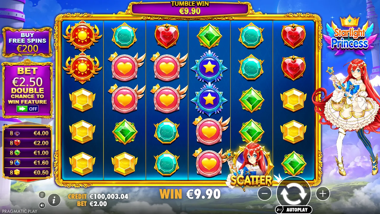 Starlight Princess demo: speelveld na een tumble met een tumble-winst van € 9,90, screenshot van 23 oktober 2026