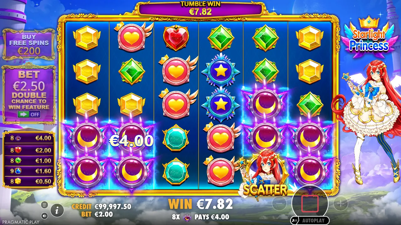 Starlight Princess demo: acht oplichtende maansymbolen tijdens een tumble, screenshot van 23 oktober 2026