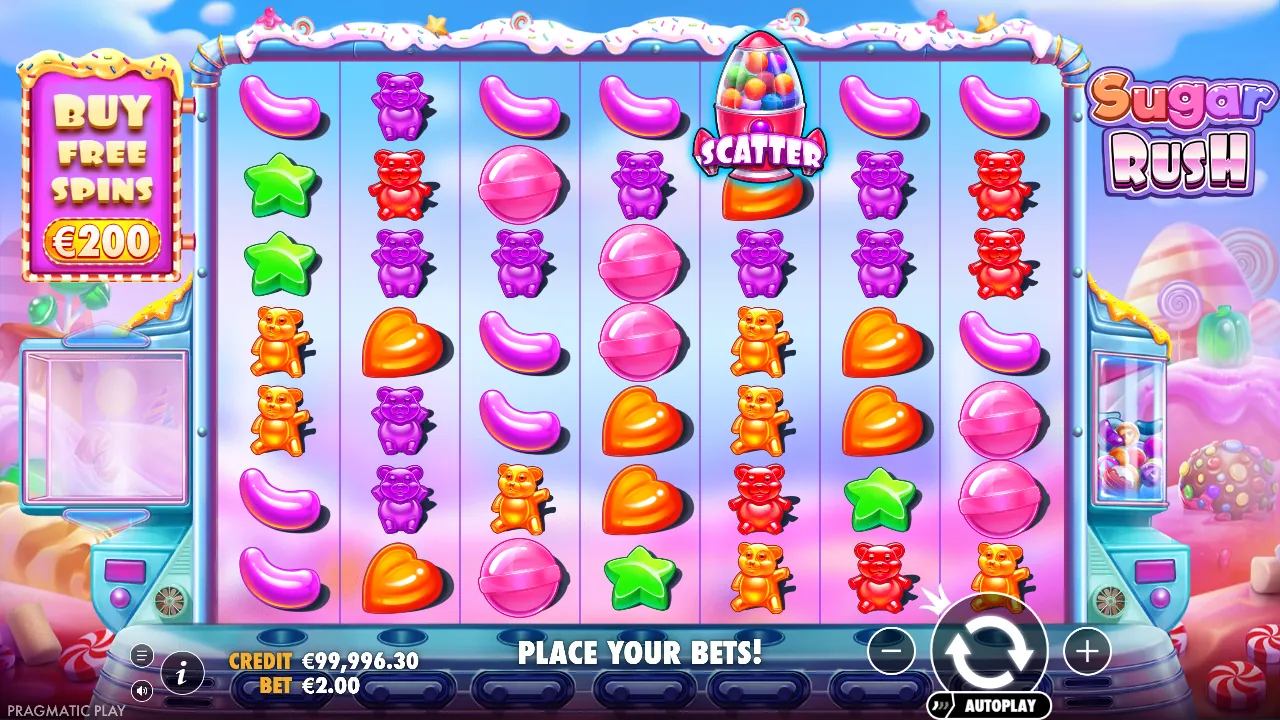 Sugar Rush-demo bij € 2 inzet: raster van 7 bij 7 met een scatter en de koopknop van € 200, screenshot van 23 oktober 2026