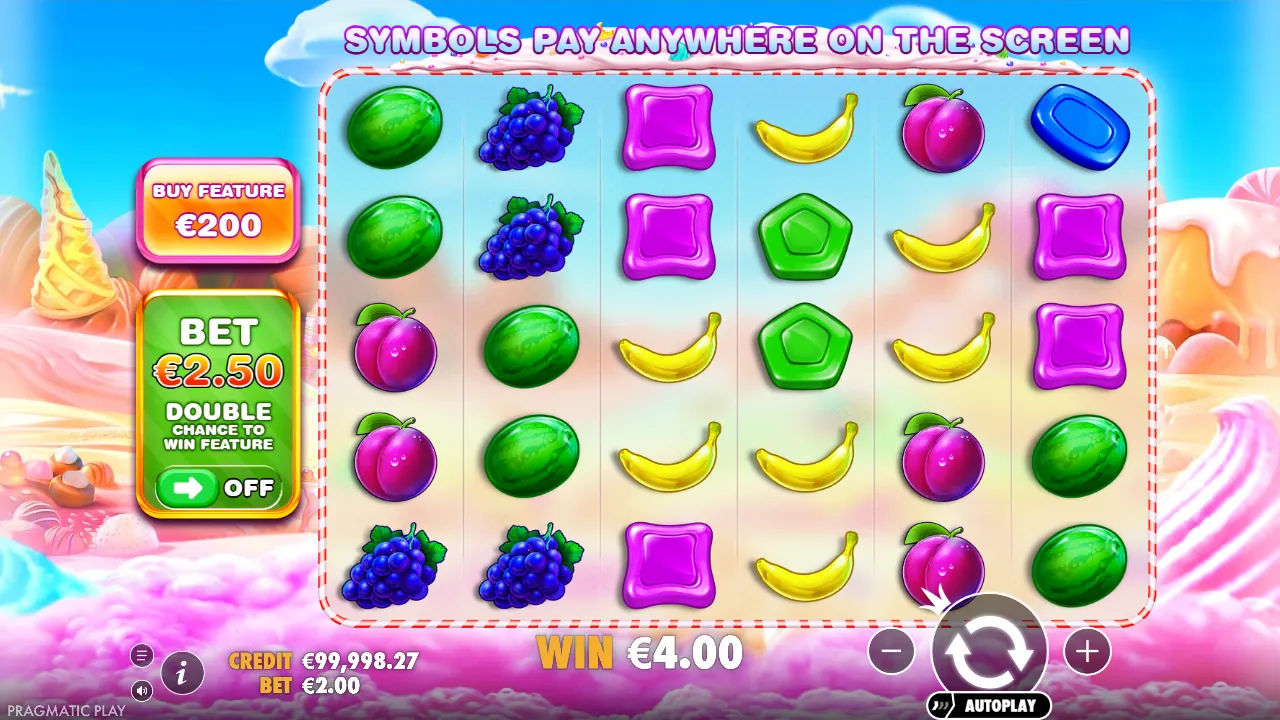 Sweet Bonanza-demo bij € 2 inzet met de koopknop van € 200 en de Ante Bet van € 2,50, screenshot van 23 oktober 2026