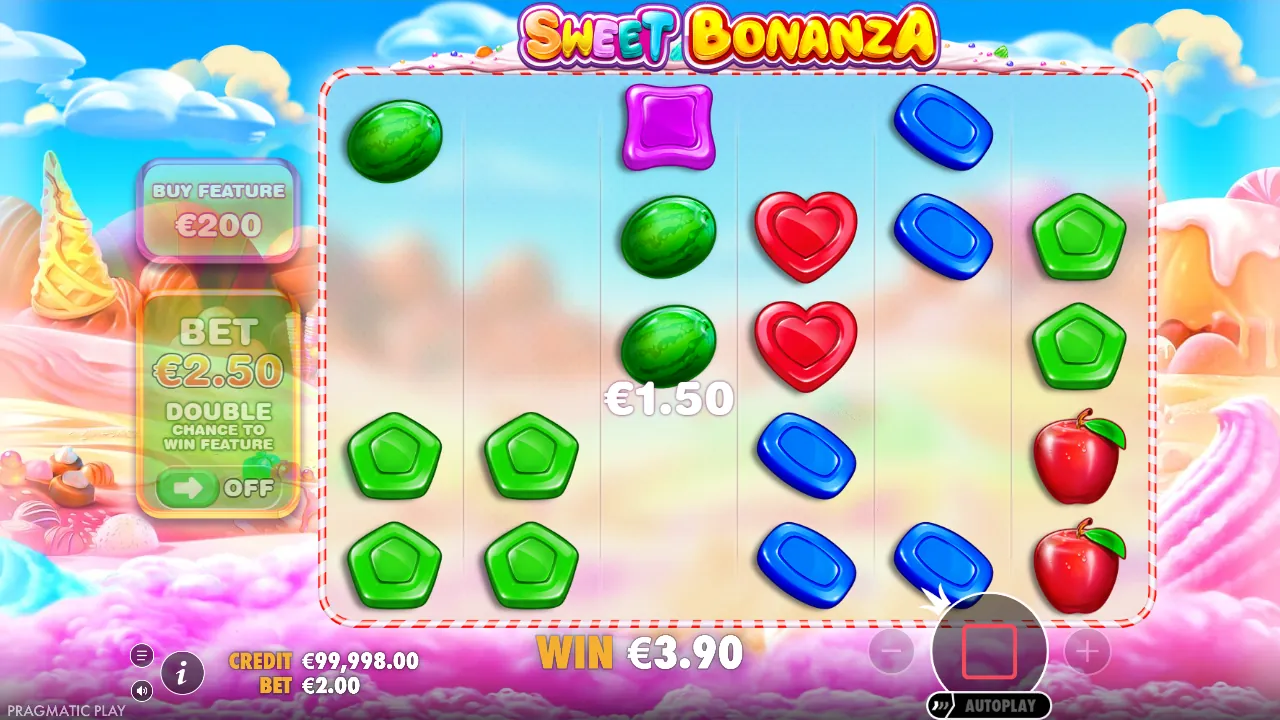 Sweet Bonanza-demo tijdens een tumble met lege vakken en een winst van € 1,50, screenshot van 23 oktober 2026
