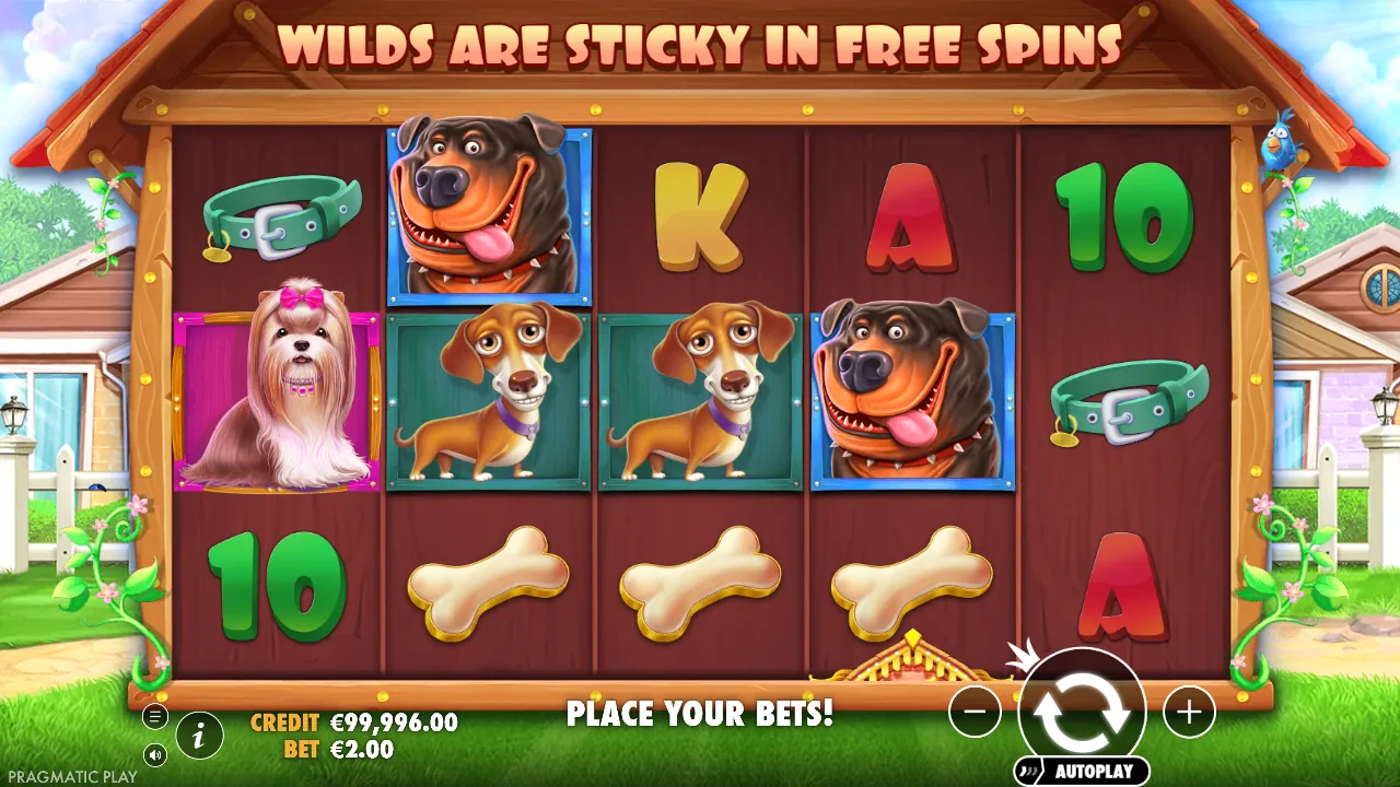 The Dog House demo: rollen met honden en de melding dat wilds in de free spins blijven staan, screenshot van 23 oktober 2026