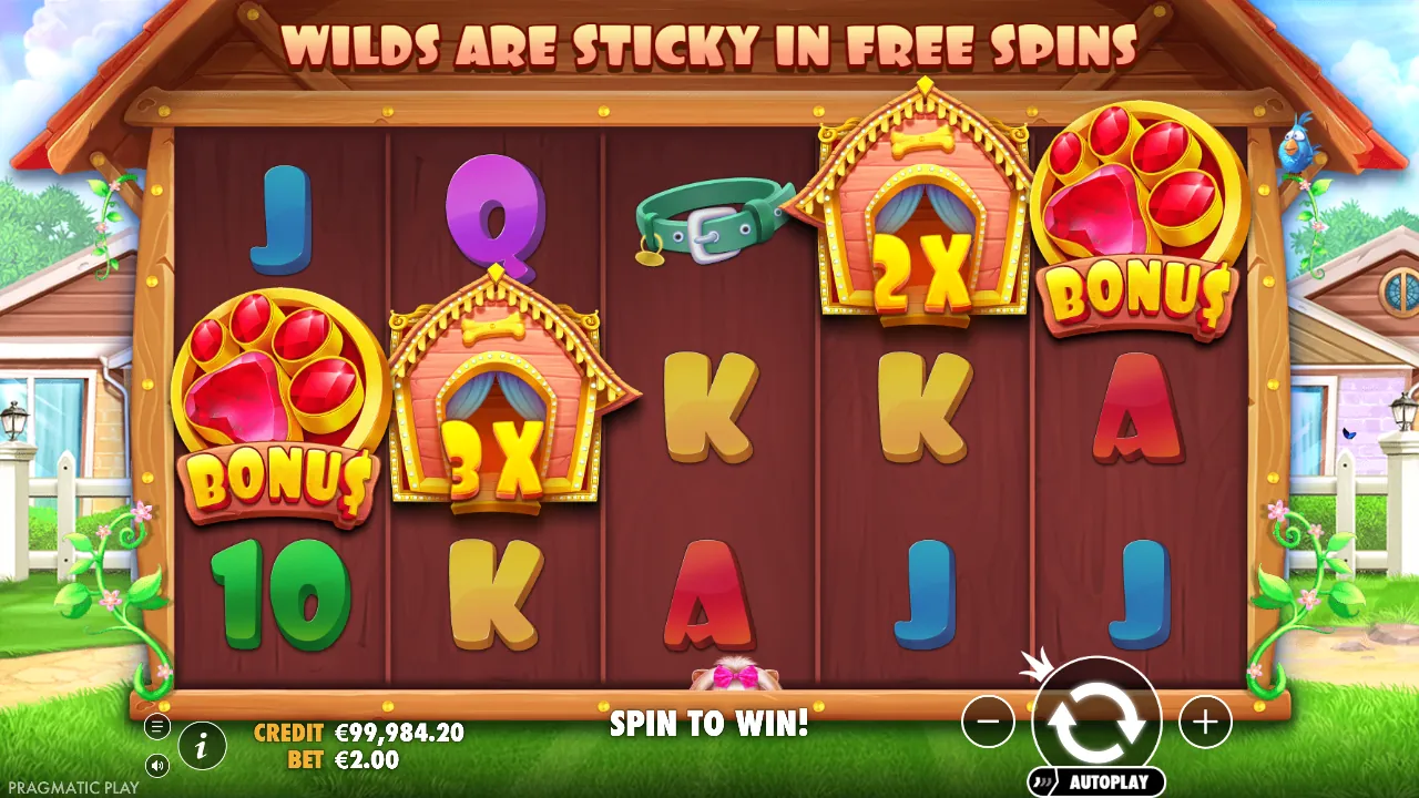 The Dog House demo: wilds met 3x en 2x en twee bonussymbolen op de rollen, screenshot van 23 oktober 2026