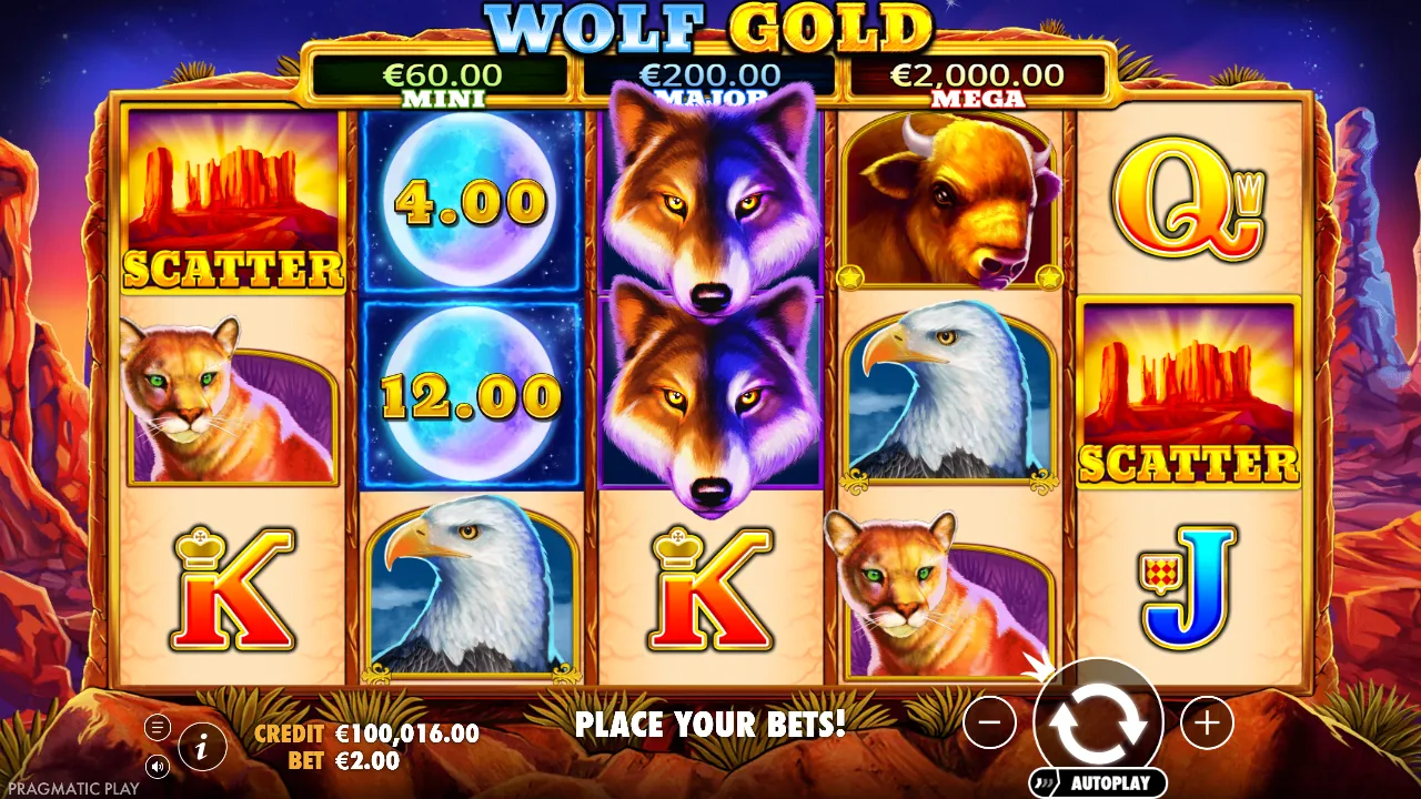 Wolf Gold demo: jackpots van € 60, € 200 en € 2.000 boven het raster, met twee maansymbolen, screenshot van 23 oktober 2026