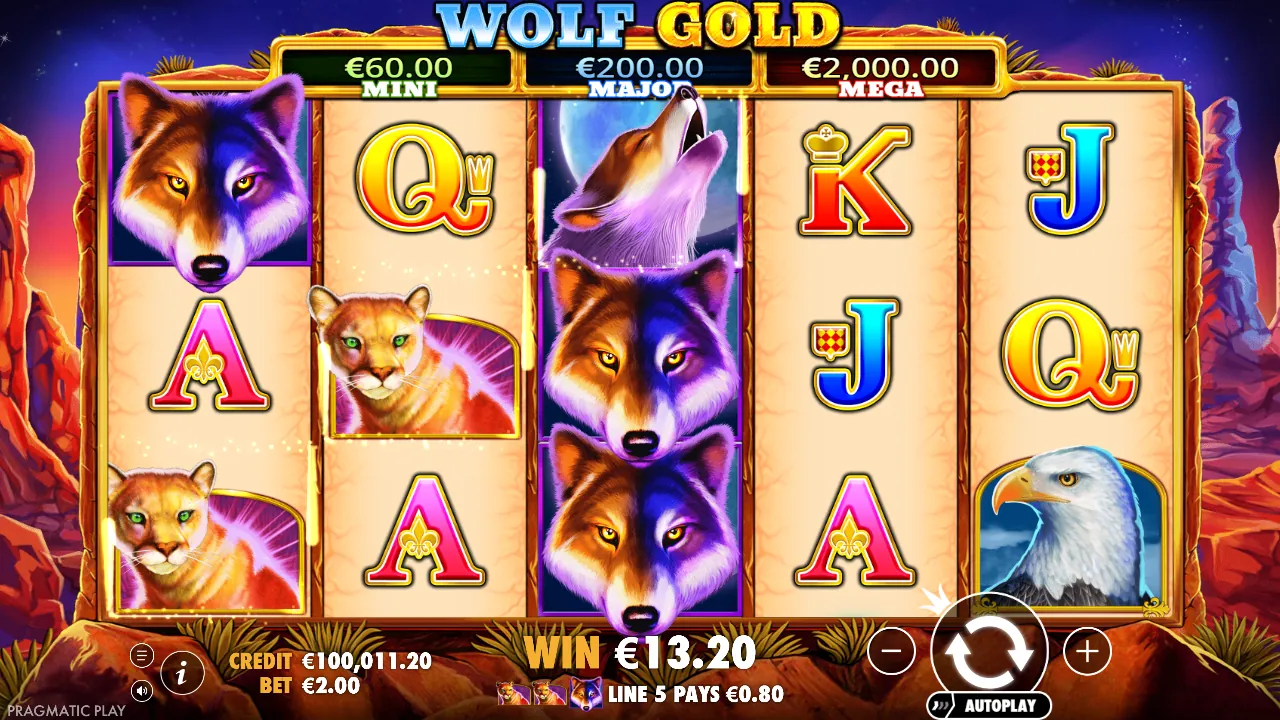 Wolf Gold demo: drie wolven op de middelste rol en een winst van € 13,20, screenshot van 23 oktober 2026