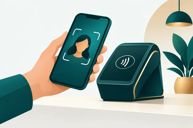 Hand met een smartphone met gezichtsscan bij een contactloze betaalterminal