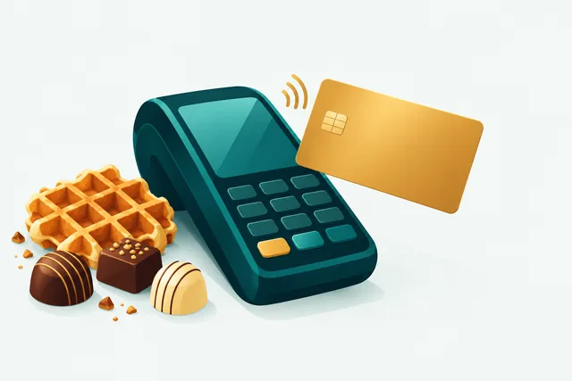 Betaalterminal met een blanco kaart, naast een wafel en bonbons