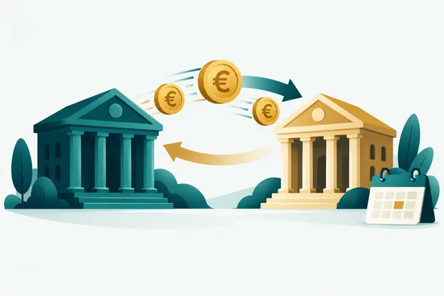 Twee bankgebouwen met pijlen en euromunten ertussen en een kleine kalender