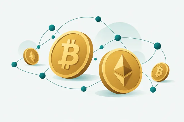 Gouden munten met bitcoin- en ethereumsymbool, verbonden door een netwerk van stippen