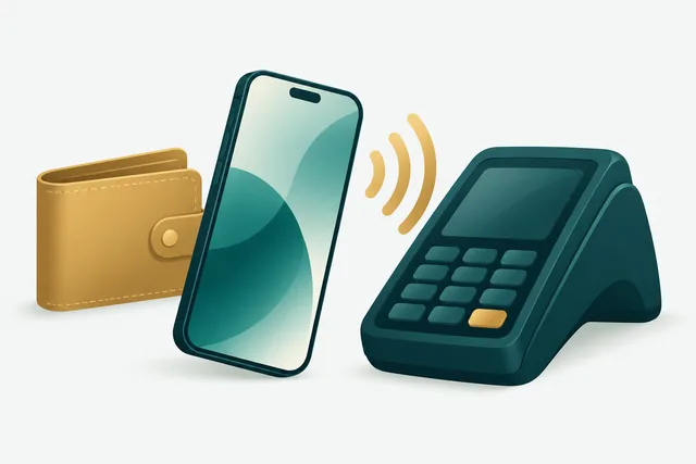 Smartphone en portemonnee met draadloze signalen bij een betaalterminal