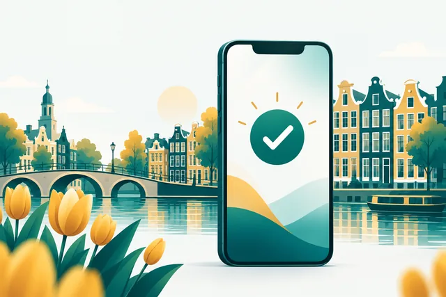 Smartphone met een groen vinkje voor een geslaagde betaling, met grachtenpanden en tulpen op de achtergrond
