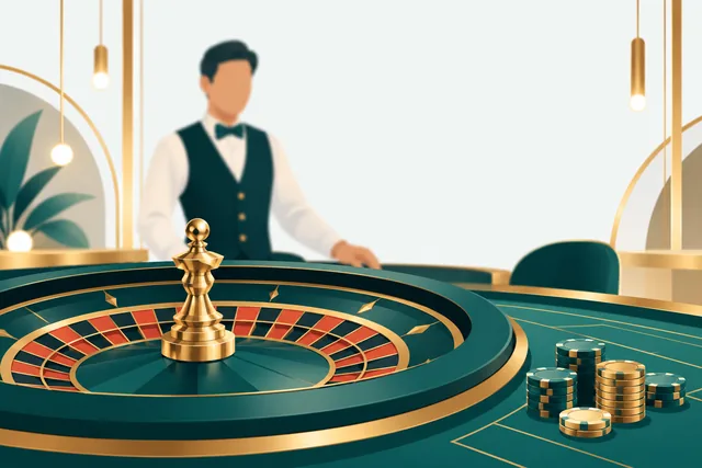 Roulettetafel in een studio met een onscherpe dealer en stapels fiches