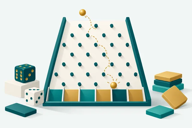 Plinko-bord met pinnen en een stuiterende bal, met dobbelstenen en tegels ernaast