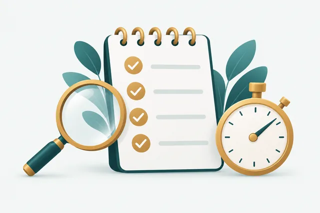 Notitieblok met afvinklijst, vergrootglas en stopwatch