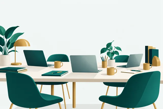 Redactietafel met laptops, mokken en planten, zonder personen