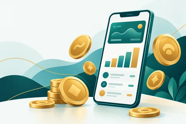 Smartphone met een bankapp-scherm tussen munten van verschillende valuta