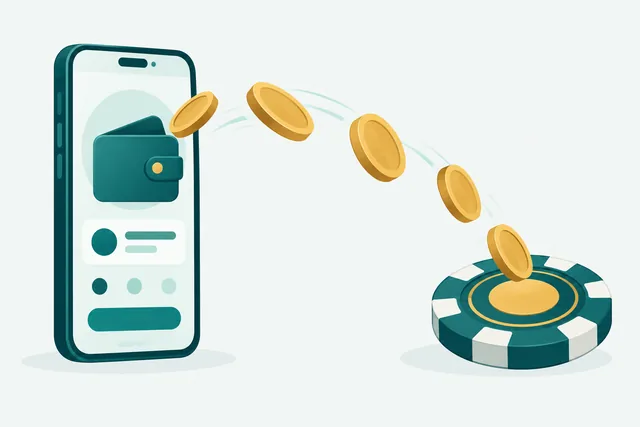 Smartphone met een e-wallet-app en munten die naar een casinofiche vliegen