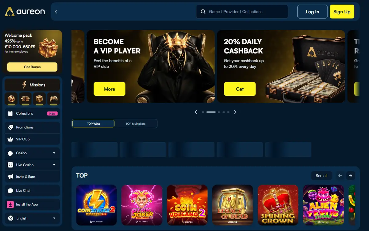 Lobby van Aureon met links bovenaan het welkomstpakket van 425% tot € 10.000 en 550 free spins, banners voor de VIP-club en dagelijkse cashback en een rij gokkasten, screenshot van 23 september 2026