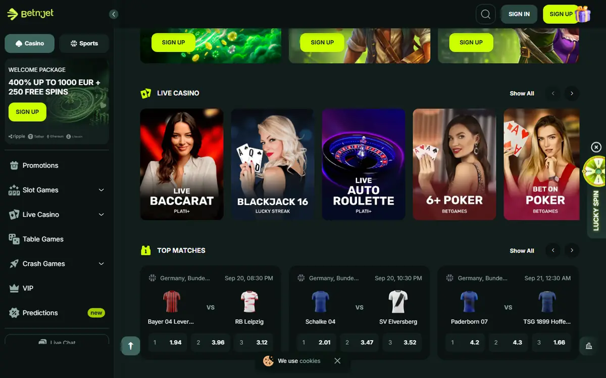 Lobby van BetNjet met de rubriek Crash Games in de zijbalk, screenshot van 19 september 2026