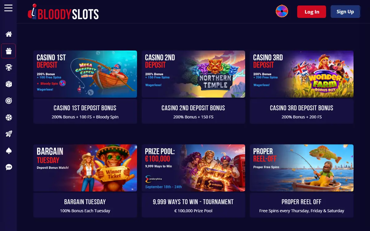 Bonuspagina van BloodySlots met drie stortingsbonussen van 200%, screenshot van 19 september 2026
