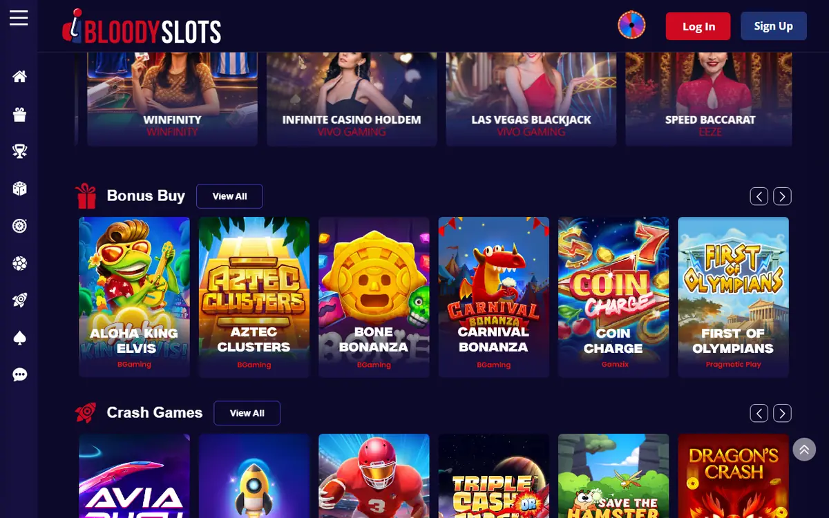 Spelaanbod van BloodySlots met de rijen Bonus Buy en Crash Games, screenshot van 19 september 2026