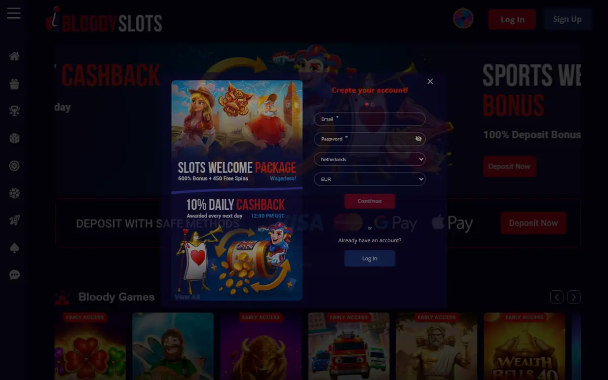 Inschrijfformulier en welkomstbonus van BloodySlots, screenshot van 19 september 2026