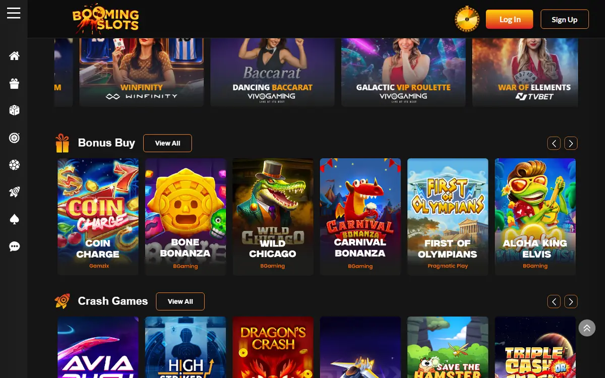 Spelaanbod van BoomingSlots met de rijen Bonus Buy en Crash Games, screenshot van 19 september 2026