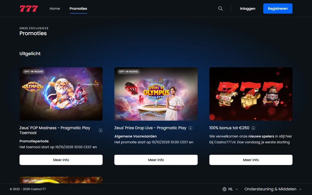 Bonusaanbod van Casino777, screenshot van 20 oktober 2026