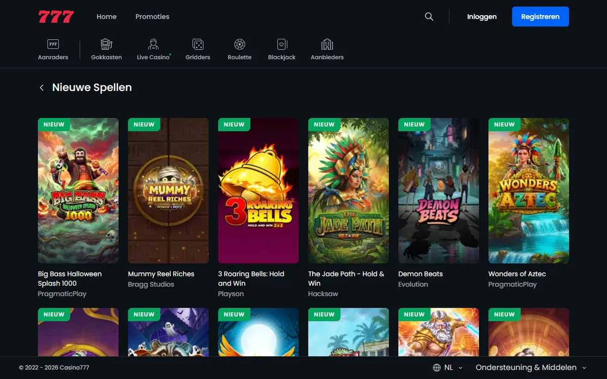 Spelaanbod van Casino777, screenshot van 20 oktober 2026