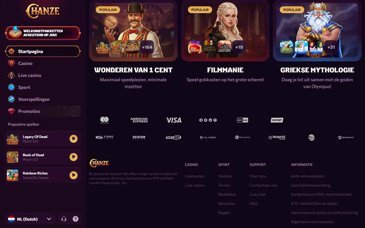 Startpagina van Chanze in het Nederlands, met de spelcategorieën Casino, Live casino en Sport en de logo's van betaalmethoden en studio's, screenshot van 19 september 2026