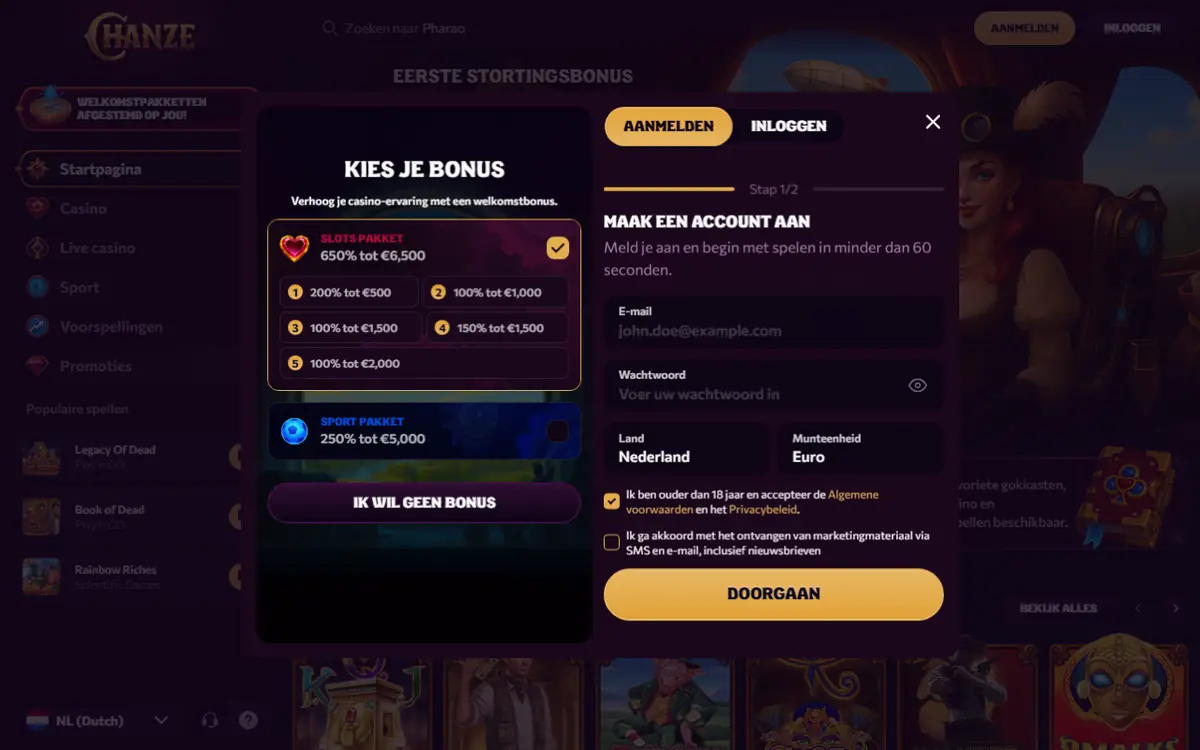 Inschrijfformulier en welkomstbonus van Chanze, screenshot van 19 september 2026