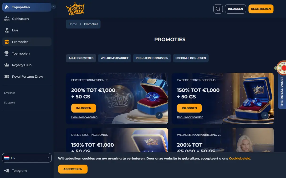 Bonusaanbod van Crown Jewelz, screenshot van 23 september 2026