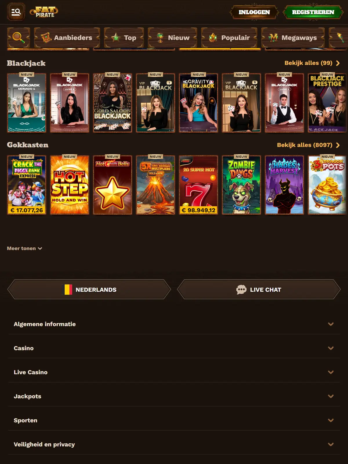 Lobby van FatPirate, screenshot van 25 september 2026