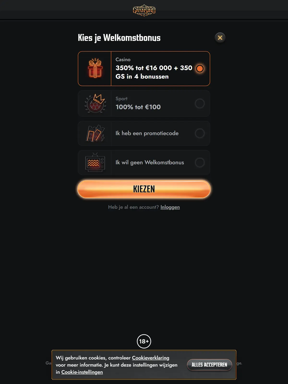 Bonuskeuze bij Gransino: casino 350% tot € 16.000 plus 350 free spins, sport 100% tot € 100, promotiecode of geen welkomstbonus, screenshot van 25 september 2026
